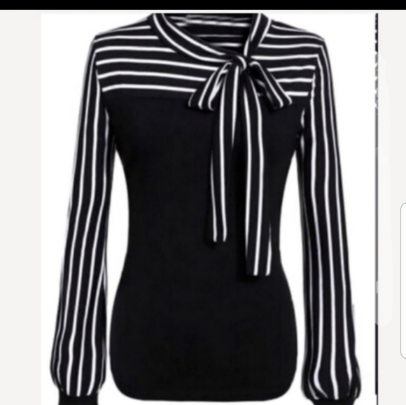 Tops - Striped Tie Neck T-shirt Blouse JXL